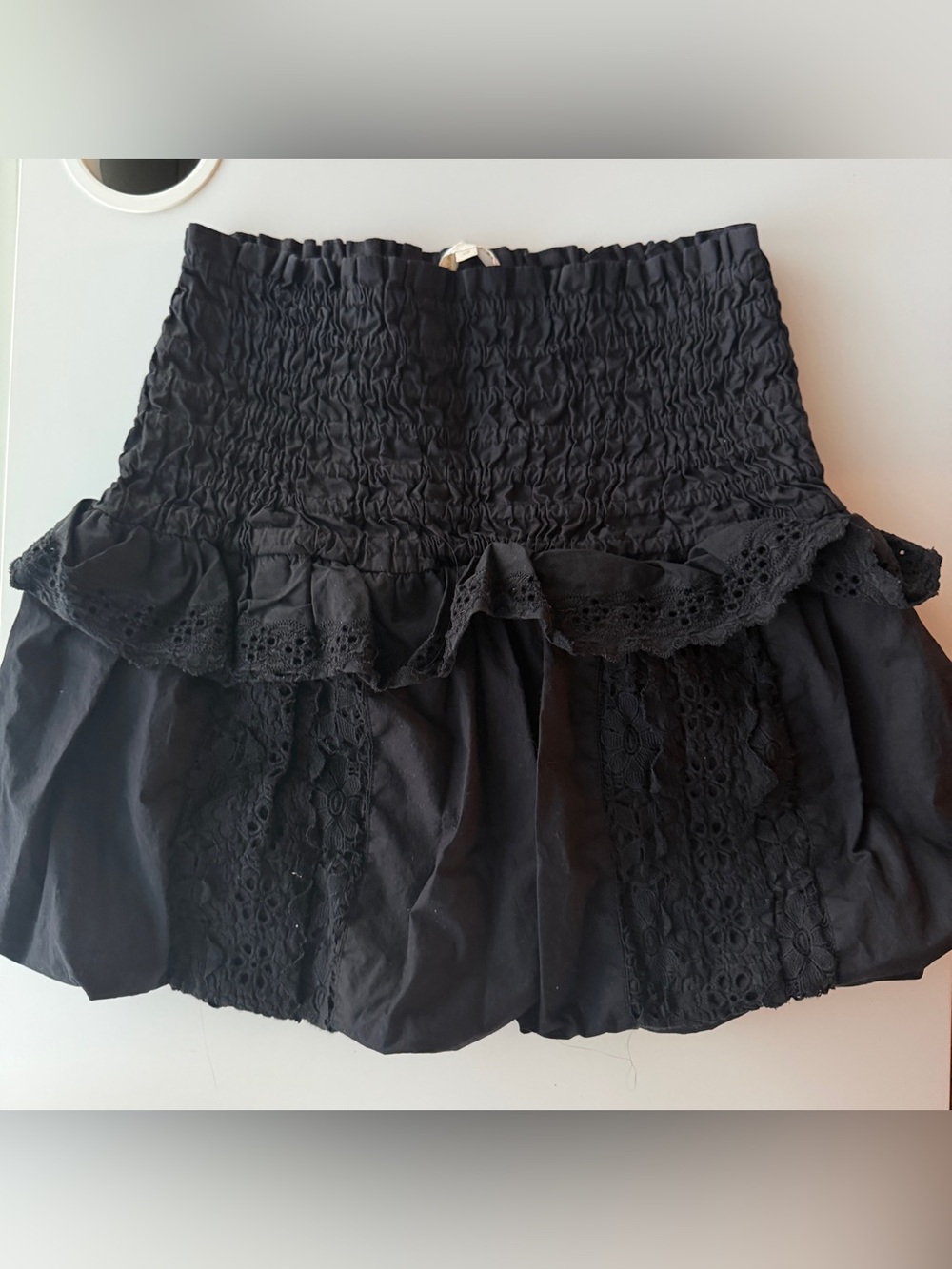 LoveShackFancy Petal Skirt in Black XS Smocked Lace Ruffle Mini Skirt